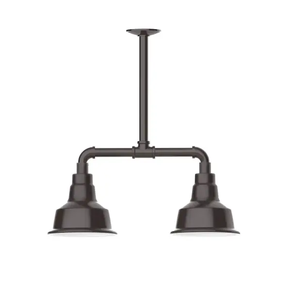 Maximize your light output with our 2-Light Multi-Light Stem Hung Pendants. Illuminate an outdoor or indoor kitchen island or dining table, this industrial look works well in both commercial and residential applications. The Warehouse shade is our most popular shade style, and we offer in a large variety of sizes. Collection: Warehouse Finish: Architectural Bronze Glass: 8 inch Warehouse Notes: Option (2) A19 LED and 3-Integrated 8W, 10W, 15W Width: 8.25" Height: 21.75" Length: 22.25" Weight: 18.00 lb Canopy: 4.125" diameter Number of Bulbs: 2 Maximum Wattage: 100.00 W Bulb Type: A19 Bulb Base: E26 Medium Light Source: Incandescent or LED equivalent Dimmable Voltage: 120.00 V Country of Origin: US Safety Listing: UL/cUL Safety Rating: Wet Dark Sky LED Manufacturer Warranty: 1-year limited warranty on the fixture.