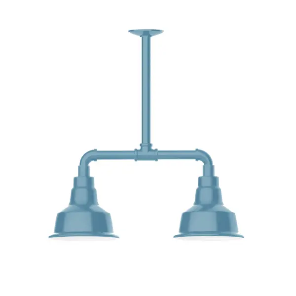 Maximize your light output with our 2-Light Multi-Light Stem Hung Pendants. Illuminate an outdoor or indoor kitchen island or dining table, this industrial look works well in both commercial and residential applications. The Warehouse shade is our most popular shade style, and we offer in a large variety of sizes. Collection: Warehouse Finish: Light Blue Glass: 8 inch Warehouse Notes: Option (2) A19 LED and 3-Integrated 8W, 10W, 15W Width: 8.25" Height: 21.75" Length: 22.25" Weight: 18.00 lb Canopy: 4.125" diameter Number of Bulbs: 2 Maximum Wattage: 100.00 W Bulb Type: A19 Bulb Base: E26 Medium Light Source: Incandescent or LED equivalent Dimmable Voltage: 120.00 V Country of Origin: US Safety Listing: UL/cUL Safety Rating: Wet Dark Sky LED Manufacturer Warranty: 1-year limited warranty on the fixture.