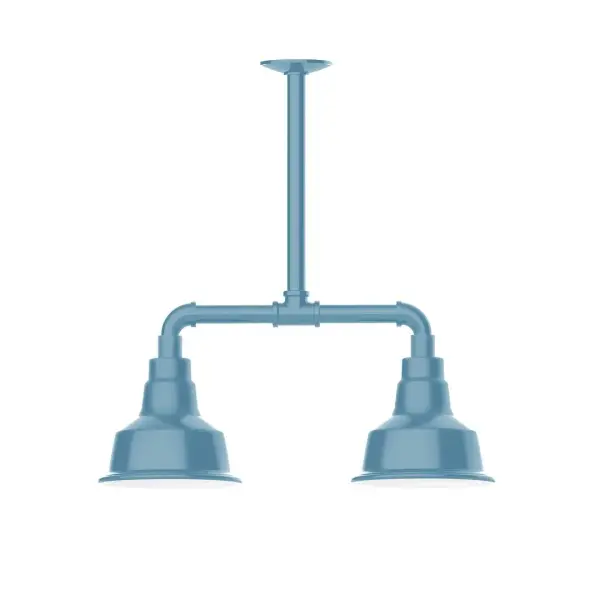 Maximize your light output with our 2-Light Multi-Light Stem Hung Pendants. Illuminate an outdoor or indoor kitchen island or dining table, this industrial look works well in both commercial and residential applications. The Warehouse shade is our most popular shade style, and we offer in a large variety of sizes. Collection: Warehouse Finish: Light Blue Glass: 8 inch Warehouse Notes: Option (2) A19 LED and 3-Integrated 8W, 10W, 15W Width: 8.25" Height: 21.75" Length: 22.25" Weight: 18.00 lb Canopy: 4.125" diameter Number of Bulbs: 2 Maximum Wattage: 100.00 W Bulb Type: A19 Bulb Base: E26 Medium Light Source: Incandescent or LED equivalent Dimmable Voltage: 120.00 V Country of Origin: US Safety Listing: UL/cUL Safety Rating: Wet Dark Sky LED Manufacturer Warranty: 1-year limited warranty on the fixture.