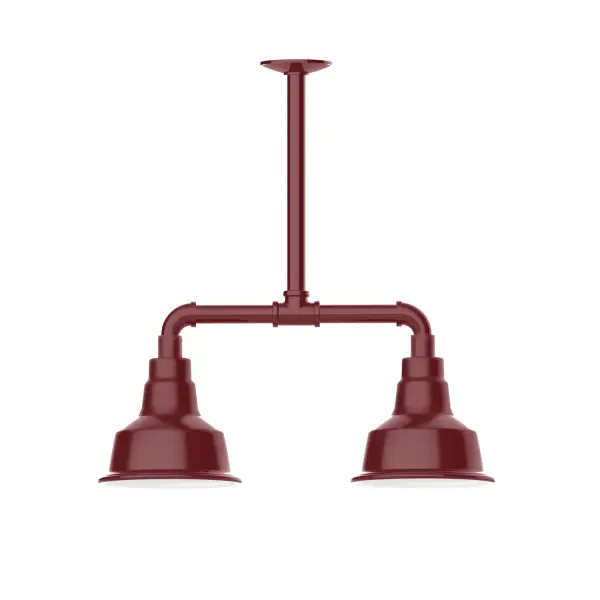 Maximize your light output with our 2-Light Multi-Light Stem Hung Pendants. Illuminate an outdoor or indoor kitchen island or dining table, this industrial look works well in both commercial and residential applications. The Warehouse shade is our most popular shade style, and we offer in a large variety of sizes. Collection: Warehouse Finish: Barn Red Glass: 8 inch Warehouse Notes: Option (2) A19 LED and 3-Integrated 8W, 10W, 15W Width: 8.25" Height: 21.75" Length: 22.25" Weight: 18.00 lb Canopy: 4.125" diameter Number of Bulbs: 2 Maximum Wattage: 100.00 W Bulb Type: A19 Bulb Base: E26 Medium Light Source: Incandescent or LED equivalent Dimmable Voltage: 120.00 V Country of Origin: US Safety Listing: UL/cUL Safety Rating: Wet Dark Sky LED Manufacturer Warranty: 1-year limited warranty on the fixture.