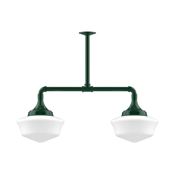 Maximize your light output with our 2-Light Multi-Light Stem Hung Pendants. Illuminate a kitchen island or dining table, this industrial look works well in both commercial and residential applications. Our 12-inch glass Schoolhouse shade is made in the USA and will add a vintage flair to your space. Collection: Schoolhouse Finish: Forest Green Glass: 12 inch Schoolhouse Notes: Option (2) A19 LED and 1-Integrated 8W Width: 12.00" Height: 36.00" Length: 34.75" Weight: 25.00 lb Extension from Wall: 34.75" Canopy: 4.125" diameter Number of Bulbs: 2 Maximum Wattage: 100.00 W Bulb Type: A19 Bulb Base: E26 Medium Light Source: Incandescent or LED equivalent Dimmable Voltage: 120.00 V Country of Origin: US Safety Listing: UL/cUL Safety Rating: Dry LED Manufacturer Warranty: 1-year limited warranty on the fixture.