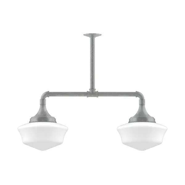 Maximize your light output with our 2-Light Multi-Light Stem Hung Pendants. Illuminate a kitchen island or dining table, this industrial look works well in both commercial and residential applications. Our 12-inch glass Schoolhouse shade is made in the USA and will add a vintage flair to your space. Collection: Schoolhouse Finish: Painted Galvanized Glass: 12 inch Schoolhouse Notes: Option (2) A19 LED and 1-Integrated 8W Width: 12.00" Height: 42.00" Length: 34.75" Weight: 25.00 lb Extension from Wall: 34.75" Canopy: 4.125" diameter Number of Bulbs: 2 Maximum Wattage: 100.00 W Bulb Type: A19 Bulb Base: E26 Medium Light Source: Incandescent or LED equivalent Dimmable Voltage: 120.00 V Country of Origin: US Safety Listing: UL/cUL Safety Rating: Dry LED Manufacturer Warranty: 1-year limited warranty on the fixture.