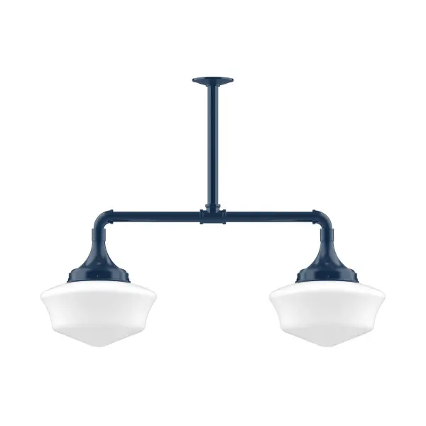 Maximize your light output with our 2-Light Multi-Light Stem Hung Pendants. Illuminate a kitchen island or dining table, this industrial look works well in both commercial and residential applications. Our 12-inch glass Schoolhouse shade is made in the USA and will add a vintage flair to your space. Collection: Schoolhouse Finish: Navy Glass: 12 inch Schoolhouse Notes: Option (2) A19 LED and 1-Integrated 8W Width: 12.00" Height: 42.00" Length: 34.75" Weight: 25.00 lb Extension from Wall: 34.75" Canopy: 4.125" diameter Number of Bulbs: 2 Maximum Wattage: 100.00 W Bulb Type: A19 Bulb Base: E26 Medium Light Source: Incandescent or LED equivalent Dimmable Voltage: 120.00 V Country of Origin: US Safety Listing: UL/cUL Safety Rating: Dry LED Manufacturer Warranty: 1-year limited warranty on the fixture.