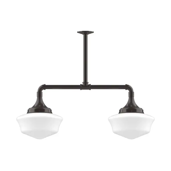 Maximize your light output with our 2-Light Multi-Light Stem Hung Pendants. Illuminate a kitchen island or dining table, this industrial look works well in both commercial and residential applications. Our 12-inch glass Schoolhouse shade is made in the USA and will add a vintage flair to your space. Collection: Schoolhouse Finish: Architectural Bronze Glass: 12 inch Schoolhouse Notes: Option (2) A19 LED and 1-Integrated 8W Width: 12.00" Height: 30.00" Length: 34.75" Weight: 25.00 lb Extension from Wall: 34.75" Canopy: 4.125" diameter Number of Bulbs: 2 Maximum Wattage: 100.00 W Bulb Type: A19 Bulb Base: E26 Medium Light Source: Incandescent or LED equivalent Dimmable Voltage: 120.00 V Country of Origin: US Safety Listing: UL/cUL Safety Rating: Dry LED Manufacturer Warranty: 1-year limited warranty on the fixture.