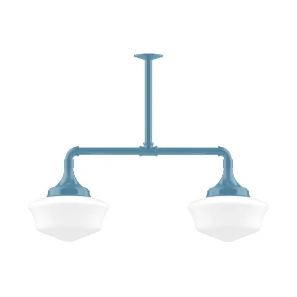 Maximize your light output with our 2-Light Multi-Light Stem Hung Pendants. Illuminate a kitchen island or dining table, this industrial look works well in both commercial and residential applications. Our 12-inch glass Schoolhouse shade is made in the USA and will add a vintage flair to your space. Collection: Schoolhouse Finish: Light Blue Glass: 12 inch Schoolhouse Notes: Option (2) A19 LED and 1-Integrated 8W Width: 12.00" Height: 36.00" Length: 34.75" Weight: 25.00 lb Extension from Wall: 34.75" Canopy: 4.125" diameter Number of Bulbs: 2 Maximum Wattage: 100.00 W Bulb Type: A19 Bulb Base: E26 Medium Light Source: Incandescent or LED equivalent Dimmable Voltage: 120.00 V Country of Origin: US Safety Listing: UL/cUL Safety Rating: Dry LED Manufacturer Warranty: 1-year limited warranty on the fixture.