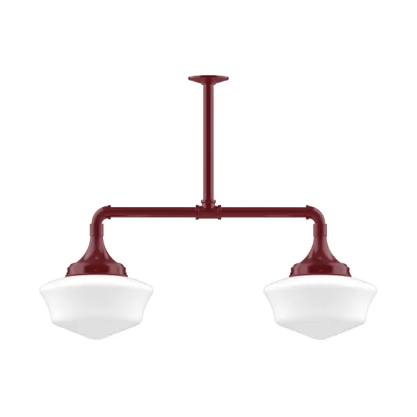 Maximize your light output with our 2-Light Multi-Light Stem Hung Pendants. Illuminate a kitchen island or dining table, this industrial look works well in both commercial and residential applications. Our 12-inch glass Schoolhouse shade is made in the USA and will add a vintage flair to your space. Collection: Schoolhouse Finish: Barn Red Glass: 12 inch Schoolhouse Notes: Option (2) A19 LED and 1-Integrated 8W Width: 12.00" Height: 42.00" Length: 34.75" Weight: 25.00 lb Extension from Wall: 34.75" Canopy: 4.125" diameter Number of Bulbs: 2 Maximum Wattage: 100.00 W Bulb Type: A19 Bulb Base: E26 Medium Light Source: Incandescent or LED equivalent Dimmable Voltage: 120.00 V Country of Origin: US Safety Listing: UL/cUL Safety Rating: Dry LED Manufacturer Warranty: 1-year limited warranty on the fixture.