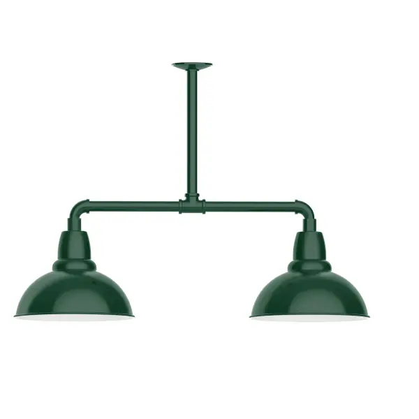 Maximize your light output with our 2-Light Multi-Light Stem Hung Pendants. Illuminate an outdoor or indoor kitchen island or dining table, this industrial look works well in both commercial and residential applications. Our Cafe shades will help transform your outdoor living area into a warm and intimate gathering space. Collection: Cafe Finish: Forest Green Glass: 12 inch Cafe Notes: Option (2) A19 LED and 3-Integrated 8W, 10W, 15W Width: 12.00" Height: 8.50" Length: 35.00" Weight: 25.00 lb Extension from Wall: 35.00" Canopy: 4.125" diameter Number of Bulbs: 2 Maximum Wattage: 100.00 W Bulb Type: A19 Bulb Base: E26 Medium Light Source: Incandescent or LED equivalent Dimmable Voltage: 120.00 V Country of Origin: US Safety Listing: UL/cUL Safety Rating: Wet Dark Sky LED Manufacturer Warranty: 1-year limited warranty on the fixture.