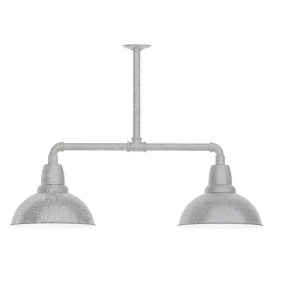 Maximize your light output with our 2-Light Multi-Light Stem Hung Pendants. Illuminate an outdoor or indoor kitchen island or dining table, this industrial look works well in both commercial and residential applications. Our Cafe shades will help transform your outdoor living area into a warm and intimate gathering space. Collection: Cafe Finish: Painted Galvanized Glass: 12 inch Cafe Width: 12.00" Length: 35.00" Weight: 25.00 lb Extension from Wall: 35.00" Canopy: 4.125" diameter Number of Bulbs: 2 Maximum Wattage: 10.00 W Light Source: LED Light Output: 800.00 lm Color Temperature: 2700 K CRI: 90 Dimmable Rated Average Life: 50,000 Voltage: 120.00 V Country of Origin: US Safety Listing: UL/cUL Safety Rating: Wet Dark Sky LED Manufacturer Warranty: 1-year limited warranty on the fixture.