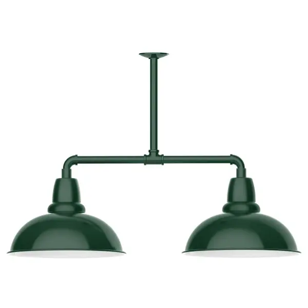 Maximize your light output with our 2-Light Multi-Light Stem Hung Pendants. Illuminate an outdoor or indoor kitchen island or dining table, this industrial look works well in both commercial and residential applications. Our Cafe shades will help transform your outdoor living area into a warm and intimate gathering space. Collection: Cafe Finish: Forest Green Glass: 16 inch Cafe Width: 16.00" Height: 24.75" Length: 39.00" Weight: 28.00 lb Canopy: 4.125" diameter Number of Bulbs: 2 Maximum Wattage: 15.00 W Light Source: LED Light Output: 1200.00 lm Color Temperature: 2700 K CRI: 90 Dimmable Rated Average Life: 50,000 Voltage: 120.00 V Country of Origin: US Safety Listing: UL/cUL Safety Rating: Wet Dark Sky LED Manufacturer Warranty: 1-year limited warranty on the fixture.