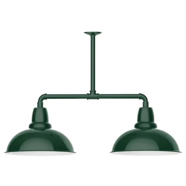 Maximize your light output with our 2-Light Multi-Light Stem Hung Pendants. Illuminate an outdoor or indoor kitchen island or dining table, this industrial look works well in both commercial and residential applications. Our Cafe shades will help transform your outdoor living area into a warm and intimate gathering space. Collection: Cafe Finish: Forest Green Glass: 16 inch Cafe Notes: Option (2) A19 LED and 3-Integrated 8W, 10W, 15W Width: 16.00" Height: 24.75" Length: 39.00" Weight: 28.00 lb Canopy: 4.125" diameter Number of Bulbs: 2 Maximum Wattage: 100.00 W Bulb Type: A19 Bulb Base: E26 Medium Light Source: Incandescent or LED equivalent Dimmable Voltage: 120.00 V Country of Origin: US Safety Listing: UL/cUL Safety Rating: Wet Dark Sky LED Manufacturer Warranty: 1-year limited warranty on the fixture.