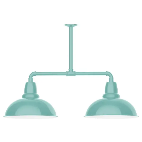 Maximize your light output with our 2-Light Multi-Light Stem Hung Pendants. Illuminate an outdoor or indoor kitchen island or dining table, this industrial look works well in both commercial and residential applications. Our Cafe shades will help transform your outdoor living area into a warm and intimate gathering space. Collection: Cafe Finish: Sea Green Glass: 16 inch Cafe Width: 16.00" Height: 24.75" Length: 39.00" Weight: 28.00 lb Canopy: 4.125" diameter Number of Bulbs: 2 Maximum Wattage: 15.00 W Light Source: LED Light Output: 1200.00 lm Color Temperature: 2700 K CRI: 90 Dimmable Rated Average Life: 50,000 Voltage: 120.00 V Country of Origin: US Safety Listing: UL/cUL Safety Rating: Wet Dark Sky LED Manufacturer Warranty: 1-year limited warranty on the fixture.