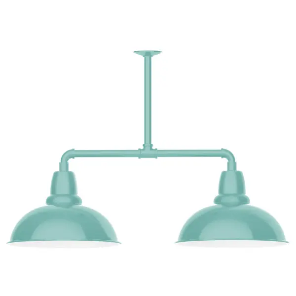 Maximize your light output with our 2-Light Multi-Light Stem Hung Pendants. Illuminate an outdoor or indoor kitchen island or dining table, this industrial look works well in both commercial and residential applications. Our Cafe shades will help transform your outdoor living area into a warm and intimate gathering space. Collection: Cafe Finish: Sea Green Glass: 16 inch Cafe Notes: Option (2) A19 LED and 3-Integrated 8W, 10W, 15W Width: 16.00" Height: 24.75" Length: 39.00" Weight: 28.00 lb Canopy: 4.125" diameter Number of Bulbs: 2 Maximum Wattage: 100.00 W Bulb Type: A19 Bulb Base: E26 Medium Light Source: Incandescent or LED equivalent Dimmable Voltage: 120.00 V Country of Origin: US Safety Listing: UL/cUL Safety Rating: Wet Dark Sky LED Manufacturer Warranty: 1-year limited warranty on the fixture.