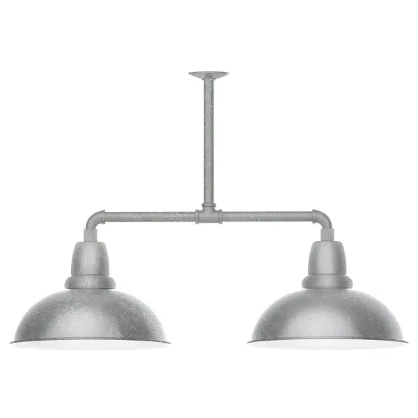 Maximize your light output with our 2-Light Multi-Light Stem Hung Pendants. Illuminate an outdoor or indoor kitchen island or dining table, this industrial look works well in both commercial and residential applications. Our Cafe shades will help transform your outdoor living area into a warm and intimate gathering space. Collection: Cafe Finish: Painted Galvanized Glass: 16 inch Cafe Notes: Option (2) A19 LED and 3-Integrated 8W, 10W, 15W Width: 16.00" Height: 24.75" Length: 39.00" Weight: 28.00 lb Canopy: 4.125" diameter Number of Bulbs: 2 Maximum Wattage: 100.00 W Bulb Type: A19 Bulb Base: E26 Medium Light Source: Incandescent or LED equivalent Dimmable Voltage: 120.00 V Country of Origin: US Safety Listing: UL/cUL Safety Rating: Wet Dark Sky LED Manufacturer Warranty: 1-year limited warranty on the fixture.