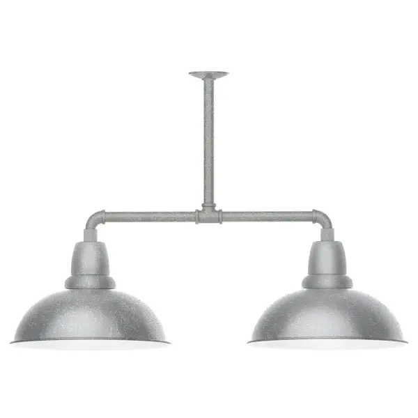 Maximize your light output with our 2-Light Multi-Light Stem Hung Pendants. Illuminate an outdoor or indoor kitchen island or dining table, this industrial look works well in both commercial and residential applications. Our Cafe shades will help transform your outdoor living area into a warm and intimate gathering space. Collection: Cafe Finish: Painted Galvanized Glass: 16 inch Cafe Width: 16.00" Height: 24.75" Length: 39.00" Weight: 28.00 lb Canopy: 4.125" diameter Number of Bulbs: 2 Maximum Wattage: 15.00 W Light Source: LED Light Output: 1200.00 lm Color Temperature: 2700 K CRI: 90 Dimmable Rated Average Life: 50,000 Voltage: 120.00 V Country of Origin: US Safety Listing: UL/cUL Safety Rating: Wet Dark Sky LED Manufacturer Warranty: 1-year limited warranty on the fixture.