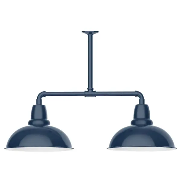 Maximize your light output with our 2-Light Multi-Light Stem Hung Pendants. Illuminate an outdoor or indoor kitchen island or dining table, this industrial look works well in both commercial and residential applications. Our Cafe shades will help transform your outdoor living area into a warm and intimate gathering space. Collection: Cafe Finish: Navy Glass: 16 inch Cafe Notes: Option (2) A19 LED and 3-Integrated 8W, 10W, 15W Width: 16.00" Height: 24.75" Length: 39.00" Weight: 28.00 lb Canopy: 4.125" diameter Number of Bulbs: 2 Maximum Wattage: 100.00 W Bulb Type: A19 Bulb Base: E26 Medium Light Source: Incandescent or LED equivalent Dimmable Voltage: 120.00 V Country of Origin: US Safety Listing: UL/cUL Safety Rating: Wet Dark Sky LED Manufacturer Warranty: 1-year limited warranty on the fixture.