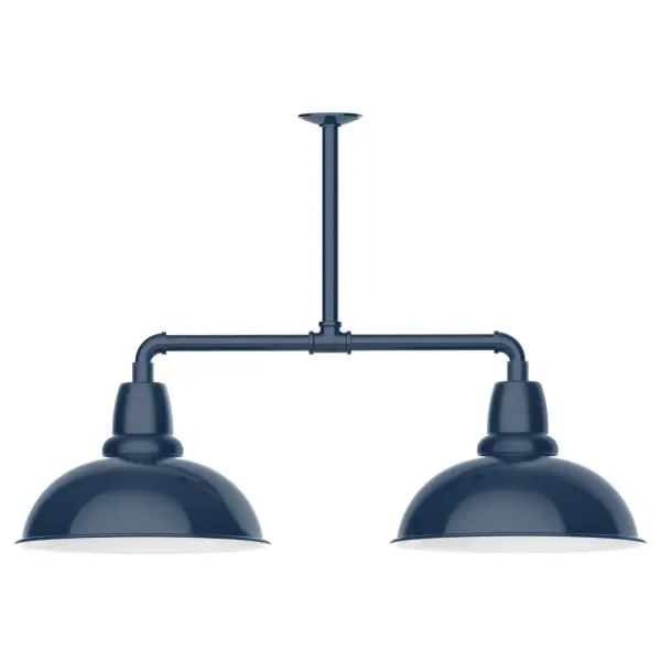 Maximize your light output with our 2-Light Multi-Light Stem Hung Pendants. Illuminate an outdoor or indoor kitchen island or dining table, this industrial look works well in both commercial and residential applications. Our Cafe shades will help transform your outdoor living area into a warm and intimate gathering space. Collection: Cafe Finish: Navy Glass: 16 inch Cafe Notes: Option (2) A19 LED and 3-Integrated 8W, 10W, 15W Width: 16.00" Height: 24.75" Length: 39.00" Weight: 28.00 lb Canopy: 4.125" diameter Number of Bulbs: 2 Maximum Wattage: 100.00 W Bulb Type: A19 Bulb Base: E26 Medium Light Source: Incandescent or LED equivalent Dimmable Voltage: 120.00 V Country of Origin: US Safety Listing: UL/cUL Safety Rating: Wet Dark Sky LED Manufacturer Warranty: 1-year limited warranty on the fixture.