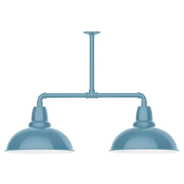 Maximize your light output with our 2-Light Multi-Light Stem Hung Pendants. Illuminate an outdoor or indoor kitchen island or dining table, this industrial look works well in both commercial and residential applications. Our Cafe shades will help transform your outdoor living area into a warm and intimate gathering space. Collection: Cafe Finish: Light Blue Glass: 16 inch Cafe Width: 16.00" Height: 24.75" Length: 39.00" Weight: 28.00 lb Canopy: 4.125" diameter Number of Bulbs: 2 Maximum Wattage: 15.00 W Light Source: LED Light Output: 1200.00 lm Color Temperature: 2700 K CRI: 90 Dimmable Rated Average Life: 50,000 Voltage: 120.00 V Country of Origin: US Safety Listing: UL/cUL Safety Rating: Wet Dark Sky LED Manufacturer Warranty: 1-year limited warranty on the fixture.