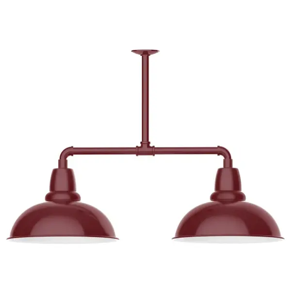 Maximize your light output with our 2-Light Multi-Light Stem Hung Pendants. Illuminate an outdoor or indoor kitchen island or dining table, this industrial look works well in both commercial and residential applications. Our Cafe shades will help transform your outdoor living area into a warm and intimate gathering space. Collection: Cafe Finish: Barn Red Glass: 16 inch Cafe Notes: Option (2) A19 LED and 3-Integrated 8W, 10W, 15W Width: 16.00" Height: 24.75" Length: 39.00" Weight: 28.00 lb Canopy: 4.125" diameter Number of Bulbs: 2 Maximum Wattage: 100.00 W Bulb Type: A19 Bulb Base: E26 Medium Light Source: Incandescent or LED equivalent Dimmable Voltage: 120.00 V Country of Origin: US Safety Listing: UL/cUL Safety Rating: Wet Dark Sky LED Manufacturer Warranty: 1-year limited warranty on the fixture.