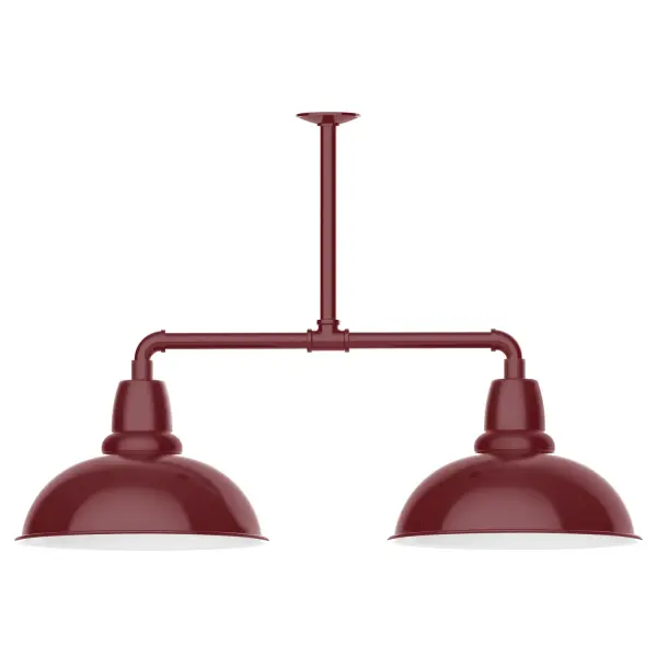 Maximize your light output with our 2-Light Multi-Light Stem Hung Pendants. Illuminate an outdoor or indoor kitchen island or dining table, this industrial look works well in both commercial and residential applications. Our Cafe shades will help transform your outdoor living area into a warm and intimate gathering space. Collection: Cafe Finish: Barn Red Glass: 16 inch Cafe Notes: Option (2) A19 LED and 3-Integrated 8W, 10W, 15W Width: 16.00" Height: 24.75" Length: 39.00" Weight: 28.00 lb Canopy: 4.125" diameter Number of Bulbs: 2 Maximum Wattage: 100.00 W Bulb Type: A19 Bulb Base: E26 Medium Light Source: Incandescent or LED equivalent Dimmable Voltage: 120.00 V Country of Origin: US Safety Listing: UL/cUL Safety Rating: Wet Dark Sky LED Manufacturer Warranty: 1-year limited warranty on the fixture.