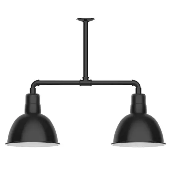 Maximize your light output with our 2-Light Multi-Light Stem Hung Pendants. Illuminate an outdoor or indoor kitchen island or dining table, this industrial look works well in both commercial and residential applications. Our Deep Bowl shade, the ultimate domed reflector, is classic in shape and offers great light output. Collection: Deep Bowl Finish: Black Glass: 12 inch Deep Bowl Width: 12.00" Height: 59.00" Length: 25.50" Weight: 28.00 lb Extension from Wall: 25.50" Canopy: 4.125" diameter Number of Bulbs: 2 Maximum Wattage: 10.00 W Light Source: LED Light Output: 800.00 lm Color Temperature: 2700 K CRI: 90 Dimmable Rated Average Life: 50,000 Voltage: 120.00 V Country of Origin: US Safety Listing: UL/cUL Safety Rating: Wet Dark Sky LED Manufacturer Warranty: 1-year limited warranty on the fixture.
