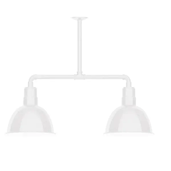 Maximize your light output with our 2-Light Multi-Light Stem Hung Pendants. Illuminate an outdoor or indoor kitchen island or dining table, this industrial look works well in both commercial and residential applications. Our Deep Bowl shade, the ultimate domed reflector, is classic in shape and offers great light output. Collection: Deep Bowl Finish: White Glass: 12 inch Deep Bowl Notes: Option (2) A19 LED and 3-Integrated 8W, 10W, 15W Width: 12.00" Height: 47.00" Length: 25.50" Weight: 28.00 lb Extension from Wall: 25.50" Canopy: 4.125" diameter Number of Bulbs: 2 Maximum Wattage: 100.00 W Bulb Type: A19 Bulb Base: E26 Medium Light Source: Incandescent or LED equivalent Dimmable Voltage: 120.00 V Country of Origin: US Safety Listing: UL/cUL Safety Rating: Wet Dark Sky LED Manufacturer Warranty: 1-year limited warranty on the fixture.