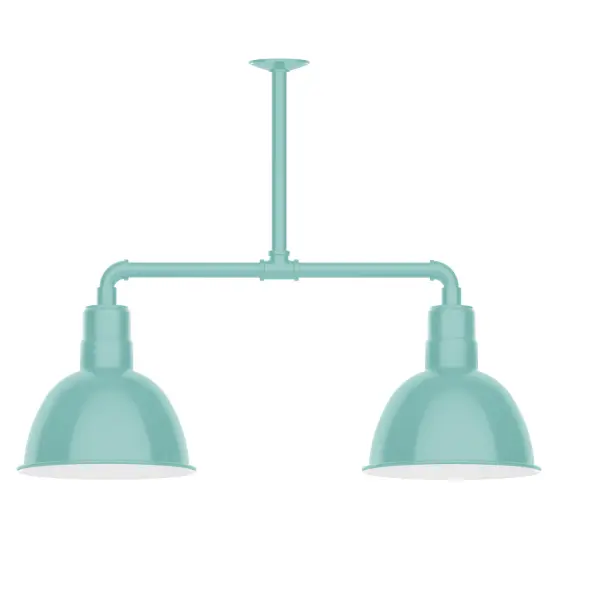 Maximize your light output with our 2-Light Multi-Light Stem Hung Pendants. Illuminate an outdoor or indoor kitchen island or dining table, this industrial look works well in both commercial and residential applications. Our Deep Bowl shade, the ultimate domed reflector, is classic in shape and offers great light output. Collection: Deep Bowl Finish: Sea Green Glass: 12 inch Deep Bowl Notes: Option (2) A19 LED and 3-Integrated 8W, 10W, 15W Width: 12.00" Height: 41.00" Length: 25.50" Weight: 28.00 lb Extension from Wall: 25.50" Canopy: 4.125" diameter Number of Bulbs: 2 Maximum Wattage: 100.00 W Bulb Type: A19 Bulb Base: E26 Medium Light Source: Incandescent or LED equivalent Dimmable Voltage: 120.00 V Country of Origin: US Safety Listing: UL/cUL Safety Rating: Wet Dark Sky LED Manufacturer Warranty: 1-year limited warranty on the fixture.