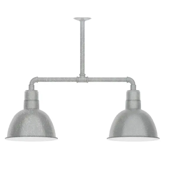 Maximize your light output with our 2-Light Multi-Light Stem Hung Pendants. Illuminate an outdoor or indoor kitchen island or dining table, this industrial look works well in both commercial and residential applications. Our Deep Bowl shade, the ultimate domed reflector, is classic in shape and offers great light output. Collection: Deep Bowl Finish: Painted Galvanized Glass: 12 inch Deep Bowl Notes: Option (2) A19 LED and 3-Integrated 8W, 10W, 15W Width: 12.00" Height: 35.00" Length: 25.50" Weight: 28.00 lb Extension from Wall: 25.50" Canopy: 4.125" diameter Number of Bulbs: 2 Maximum Wattage: 100.00 W Bulb Type: A19 Bulb Base: E26 Medium Light Source: Incandescent or LED equivalent Dimmable Voltage: 120.00 V Country of Origin: US Safety Listing: UL/cUL Safety Rating: Wet Dark Sky LED Manufacturer Warranty: 1-year limited warranty on the fixture.