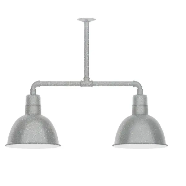 Maximize your light output with our 2-Light Multi-Light Stem Hung Pendants. Illuminate an outdoor or indoor kitchen island or dining table, this industrial look works well in both commercial and residential applications. Our Deep Bowl shade, the ultimate domed reflector, is classic in shape and offers great light output. Collection: Deep Bowl Finish: Painted Galvanized Glass: 12 inch Deep Bowl Width: 12.00" Height: 41.00" Length: 25.50" Weight: 28.00 lb Extension from Wall: 25.50" Canopy: 4.125" diameter Number of Bulbs: 2 Maximum Wattage: 10.00 W Light Source: LED Light Output: 800.00 lm Color Temperature: 2700 K CRI: 90 Dimmable Rated Average Life: 50,000 Voltage: 120.00 V Country of Origin: US Safety Listing: UL/cUL Safety Rating: Wet Dark Sky LED Manufacturer Warranty: 1-year limited warranty on the fixture.