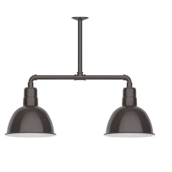 Maximize your light output with our 2-Light Multi-Light Stem Hung Pendants. Illuminate an outdoor or indoor kitchen island or dining table, this industrial look works well in both commercial and residential applications. Our Deep Bowl shade, the ultimate domed reflector, is classic in shape and offers great light output. Collection: Deep Bowl Finish: Architectural Bronze Glass: 12 inch Deep Bowl Width: 12.00" Height: 41.00" Length: 25.50" Weight: 28.00 lb Extension from Wall: 25.50" Canopy: 4.125" diameter Number of Bulbs: 2 Maximum Wattage: 10.00 W Light Source: LED Light Output: 800.00 lm Color Temperature: 2700 K CRI: 90 Dimmable Rated Average Life: 50,000 Voltage: 120.00 V Country of Origin: US Safety Listing: UL/cUL Safety Rating: Wet Dark Sky LED Manufacturer Warranty: 1-year limited warranty on the fixture.