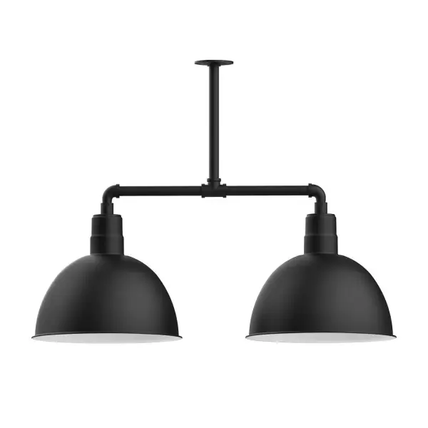 Maximize your light output with our 2-Light Multi-Light Stem Hung Pendants. Illuminate an outdoor or indoor kitchen island or dining table, this industrial look works well in both commercial and residential applications. Our Deep Bowl shade, the ultimate domed reflector, is classic in shape and offers great light output. Collection: Deep Bowl Finish: Black Glass: 16 inch Deep Bowl Notes: Option (2) A19 LED and 3-Integrated 8W, 10W, 15W Width: 16.00" Height: 27.88" Length: 38.75" Weight: 28.00 lb Canopy: 4.125" diameter Number of Bulbs: 2 Maximum Wattage: 100.00 W Bulb Type: A19 Bulb Base: E26 Medium Light Source: Incandescent or LED equivalent Dimmable Voltage: 120.00 V Country of Origin: US Safety Listing: UL/cUL Safety Rating: Wet Dark Sky LED Manufacturer Warranty: 1-year limited warranty on the fixture.