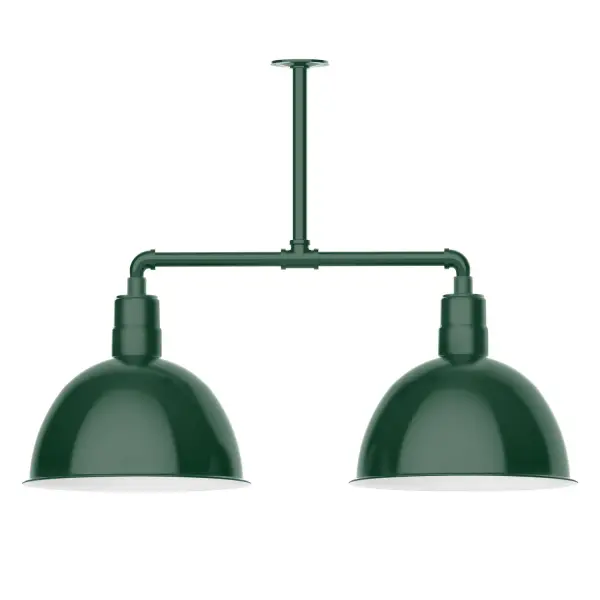 Maximize your light output with our 2-Light Multi-Light Stem Hung Pendants. Illuminate an outdoor or indoor kitchen island or dining table, this industrial look works well in both commercial and residential applications. Our Deep Bowl shade, the ultimate domed reflector, is classic in shape and offers great light output. Collection: Deep Bowl Finish: Forest Green Glass: 16 inch Deep Bowl Notes: Option (2) A19 LED and 3-Integrated 8W, 10W, 15W Width: 16.00" Height: 27.88" Length: 38.75" Weight: 28.00 lb Canopy: 4.125" diameter Number of Bulbs: 2 Maximum Wattage: 100.00 W Bulb Type: A19 Bulb Base: E26 Medium Light Source: Incandescent or LED equivalent Dimmable Voltage: 120.00 V Country of Origin: US Safety Listing: UL/cUL Safety Rating: Wet Dark Sky LED Manufacturer Warranty: 1-year limited warranty on the fixture.