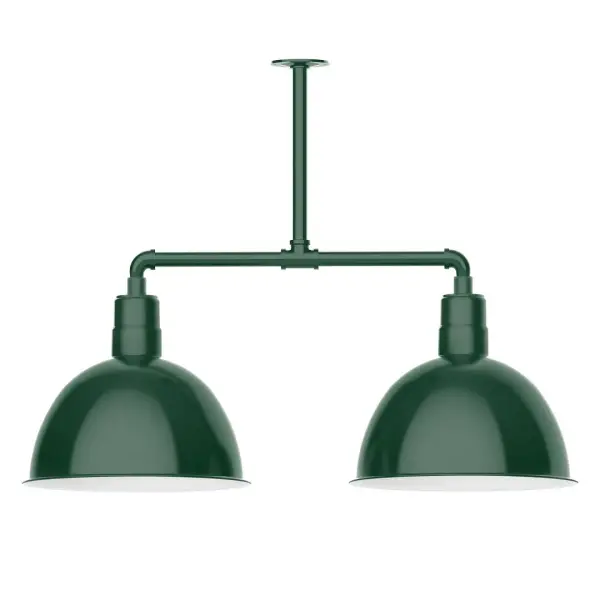 Maximize your light output with our 2-Light Multi-Light Stem Hung Pendants. Illuminate an outdoor or indoor kitchen island or dining table, this industrial look works well in both commercial and residential applications. Our Deep Bowl shade, the ultimate domed reflector, is classic in shape and offers great light output. Collection: Deep Bowl Finish: Forest Green Glass: 16 inch Deep Bowl Width: 16.00" Height: 27.88" Length: 38.75" Weight: 28.00 lb Canopy: 4.125" diameter Number of Bulbs: 2 Maximum Wattage: 15.00 W Light Source: LED Light Output: 1200.00 lm Color Temperature: 2700 K CRI: 90 Dimmable Rated Average Life: 50,000 Voltage: 120.00 V Country of Origin: US Safety Listing: UL/cUL Safety Rating: Wet Dark Sky LED Manufacturer Warranty: 1-year limited warranty on the fixture.