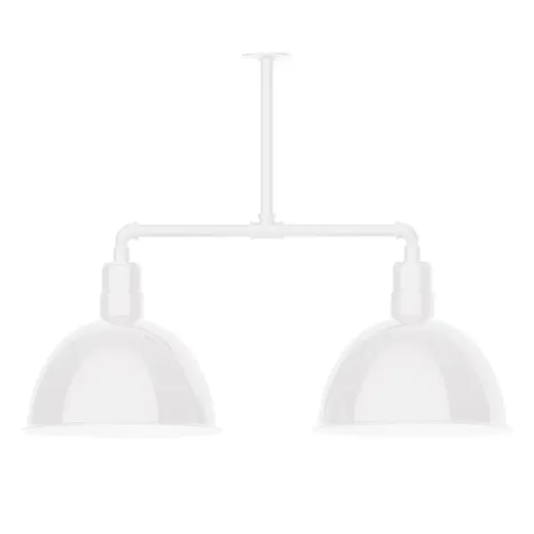 Maximize your light output with our 2-Light Multi-Light Stem Hung Pendants. Illuminate an outdoor or indoor kitchen island or dining table, this industrial look works well in both commercial and residential applications. Our Deep Bowl shade, the ultimate domed reflector, is classic in shape and offers great light output. Collection: Deep Bowl Finish: White Glass: 16 inch Deep Bowl Width: 16.00" Height: 27.88" Length: 38.75" Weight: 28.00 lb Canopy: 4.125" diameter Number of Bulbs: 2 Maximum Wattage: 15.00 W Light Source: LED Light Output: 1200.00 lm Color Temperature: 3000 K CRI: 90 Dimmable Rated Average Life: 50,000 Voltage: 120.00 V Country of Origin: US Safety Listing: UL/cUL Safety Rating: Wet Dark Sky LED Manufacturer Warranty: 1-year limited warranty on the fixture.