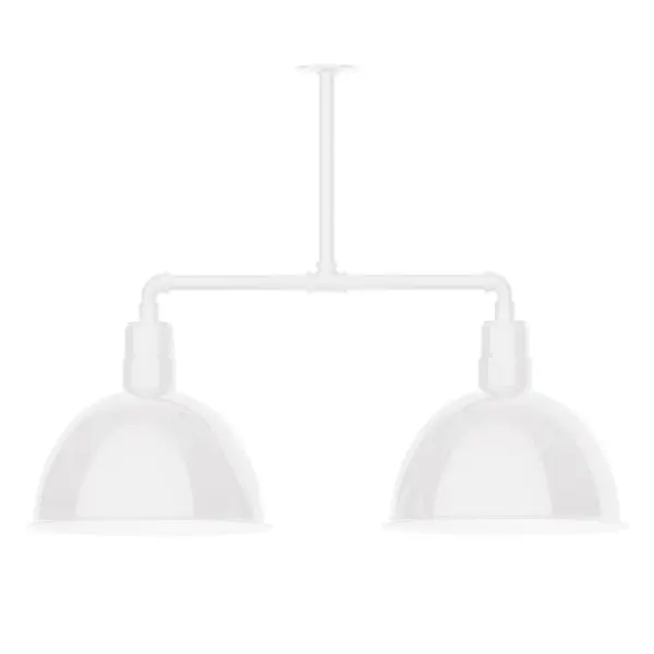 Maximize your light output with our 2-Light Multi-Light Stem Hung Pendants. Illuminate an outdoor or indoor kitchen island or dining table, this industrial look works well in both commercial and residential applications. Our Deep Bowl shade, the ultimate domed reflector, is classic in shape and offers great light output. Collection: Deep Bowl Finish: White Glass: 16 inch Deep Bowl Notes: Option (2) A19 LED and 3-Integrated 8W, 10W, 15W Width: 16.00" Height: 27.88" Length: 38.75" Weight: 28.00 lb Canopy: 4.125" diameter Number of Bulbs: 2 Maximum Wattage: 100.00 W Bulb Type: A19 Bulb Base: E26 Medium Light Source: Incandescent or LED equivalent Dimmable Voltage: 120.00 V Country of Origin: US Safety Listing: UL/cUL Safety Rating: Wet Dark Sky LED Manufacturer Warranty: 1-year limited warranty on the fixture.