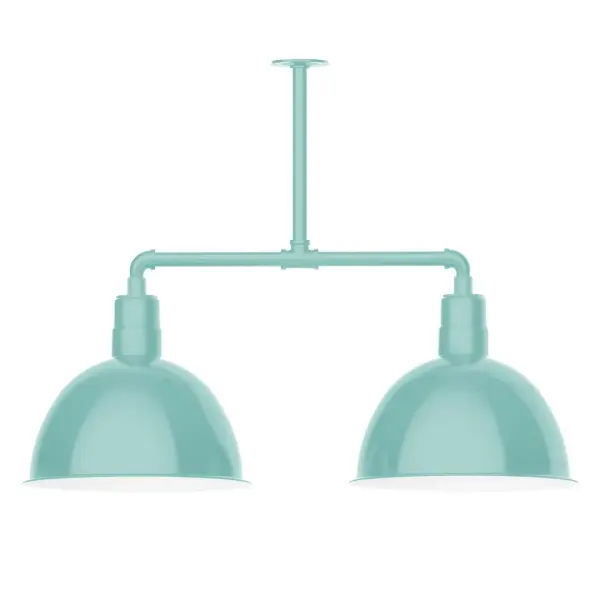 Maximize your light output with our 2-Light Multi-Light Stem Hung Pendants. Illuminate an outdoor or indoor kitchen island or dining table, this industrial look works well in both commercial and residential applications. Our Deep Bowl shade, the ultimate domed reflector, is classic in shape and offers great light output. Collection: Deep Bowl Finish: Sea Green Glass: 16 inch Deep Bowl Width: 16.00" Height: 27.88" Length: 38.75" Weight: 28.00 lb Canopy: 4.125" diameter Number of Bulbs: 2 Maximum Wattage: 15.00 W Light Source: LED Light Output: 1200.00 lm Color Temperature: 2700 K CRI: 90 Dimmable Rated Average Life: 50,000 Voltage: 120.00 V Country of Origin: US Safety Listing: UL/cUL Safety Rating: Wet Dark Sky LED Manufacturer Warranty: 1-year limited warranty on the fixture.