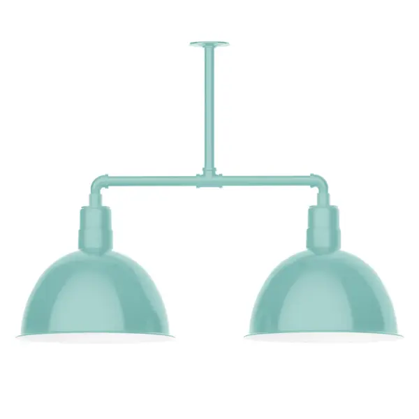 Maximize your light output with our 2-Light Multi-Light Stem Hung Pendants. Illuminate an outdoor or indoor kitchen island or dining table, this industrial look works well in both commercial and residential applications. Our Deep Bowl shade, the ultimate domed reflector, is classic in shape and offers great light output. Collection: Deep Bowl Finish: Sea Green Glass: 16 inch Deep Bowl Notes: Option (2) A19 LED and 3-Integrated 8W, 10W, 15W Width: 16.00" Height: 27.88" Length: 38.75" Weight: 28.00 lb Canopy: 4.125" diameter Number of Bulbs: 2 Maximum Wattage: 100.00 W Bulb Type: A19 Bulb Base: E26 Medium Light Source: Incandescent or LED equivalent Dimmable Voltage: 120.00 V Country of Origin: US Safety Listing: UL/cUL Safety Rating: Wet Dark Sky LED Manufacturer Warranty: 1-year limited warranty on the fixture.