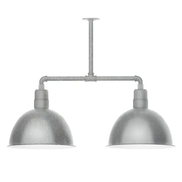 Maximize your light output with our 2-Light Multi-Light Stem Hung Pendants. Illuminate an outdoor or indoor kitchen island or dining table, this industrial look works well in both commercial and residential applications. Our Deep Bowl shade, the ultimate domed reflector, is classic in shape and offers great light output. Collection: Deep Bowl Finish: Painted Galvanized Glass: 16 inch Deep Bowl Notes: Option (2) A19 LED and 3-Integrated 8W, 10W, 15W Width: 16.00" Height: 27.88" Length: 38.75" Weight: 28.00 lb Canopy: 4.125" diameter Number of Bulbs: 2 Maximum Wattage: 100.00 W Bulb Type: A19 Bulb Base: E26 Medium Light Source: Incandescent or LED equivalent Dimmable Voltage: 120.00 V Country of Origin: US Safety Listing: UL/cUL Safety Rating: Wet Dark Sky LED Manufacturer Warranty: 1-year limited warranty on the fixture.