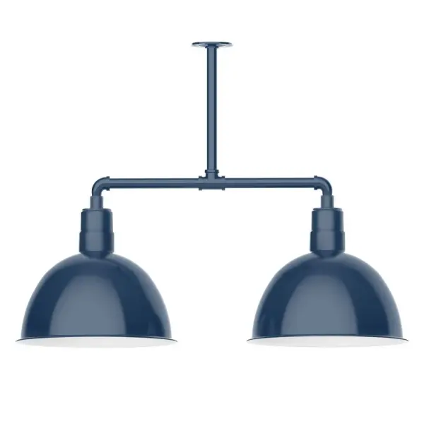 Maximize your light output with our 2-Light Multi-Light Stem Hung Pendants. Illuminate an outdoor or indoor kitchen island or dining table, this industrial look works well in both commercial and residential applications. Our Deep Bowl shade, the ultimate domed reflector, is classic in shape and offers great light output. Collection: Deep Bowl Finish: Navy Glass: 16 inch Deep Bowl Width: 16.00" Height: 27.88" Length: 38.75" Weight: 28.00 lb Canopy: 4.125" diameter Number of Bulbs: 2 Maximum Wattage: 15.00 W Light Source: LED Light Output: 1200.00 lm Color Temperature: 2700 K CRI: 90 Dimmable Rated Average Life: 50,000 Voltage: 120.00 V Country of Origin: US Safety Listing: UL/cUL Safety Rating: Wet Dark Sky LED Manufacturer Warranty: 1-year limited warranty on the fixture.