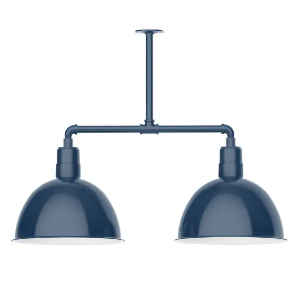 Maximize your light output with our 2-Light Multi-Light Stem Hung Pendants. Illuminate an outdoor or indoor kitchen island or dining table, this industrial look works well in both commercial and residential applications. Our Deep Bowl shade, the ultimate domed reflector, is classic in shape and offers great light output. Collection: Deep Bowl Finish: Navy Glass: 16 inch Deep Bowl Notes: Option (2) A19 LED and 3-Integrated 8W, 10W, 15W Width: 16.00" Height: 27.88" Length: 38.75" Weight: 28.00 lb Canopy: 4.125" diameter Number of Bulbs: 2 Maximum Wattage: 100.00 W Bulb Type: A19 Bulb Base: E26 Medium Light Source: Incandescent or LED equivalent Dimmable Voltage: 120.00 V Country of Origin: US Safety Listing: UL/cUL Safety Rating: Wet Dark Sky LED Manufacturer Warranty: 1-year limited warranty on the fixture.
