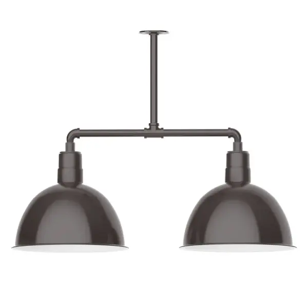 Maximize your light output with our 2-Light Multi-Light Stem Hung Pendants. Illuminate an outdoor or indoor kitchen island or dining table, this industrial look works well in both commercial and residential applications. Our Deep Bowl shade, the ultimate domed reflector, is classic in shape and offers great light output. Collection: Deep Bowl Finish: Architectural Bronze Glass: 16 inch Deep Bowl Width: 16.00" Height: 27.88" Length: 38.75" Weight: 28.00 lb Canopy: 4.125" diameter Number of Bulbs: 2 Maximum Wattage: 15.00 W Light Source: LED Light Output: 1200.00 lm Color Temperature: 2700 K CRI: 90 Dimmable Rated Average Life: 50,000 Voltage: 120.00 V Country of Origin: US Safety Listing: UL/cUL Safety Rating: Wet Dark Sky LED Manufacturer Warranty: 1-year limited warranty on the fixture.