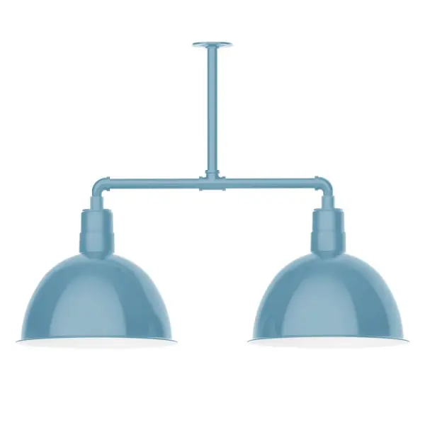Maximize your light output with our 2-Light Multi-Light Stem Hung Pendants. Illuminate an outdoor or indoor kitchen island or dining table, this industrial look works well in both commercial and residential applications. Our Deep Bowl shade, the ultimate domed reflector, is classic in shape and offers great light output. Collection: Deep Bowl Finish: Light Blue Glass: 16 inch Deep Bowl Notes: Option (2) A19 LED and 3-Integrated 8W, 10W, 15W Width: 16.00" Height: 27.88" Length: 38.75" Weight: 28.00 lb Canopy: 4.125" diameter Number of Bulbs: 2 Maximum Wattage: 100.00 W Bulb Type: A19 Bulb Base: E26 Medium Light Source: Incandescent or LED equivalent Dimmable Voltage: 120.00 V Country of Origin: US Safety Listing: UL/cUL Safety Rating: Wet Dark Sky LED Manufacturer Warranty: 1-year limited warranty on the fixture.