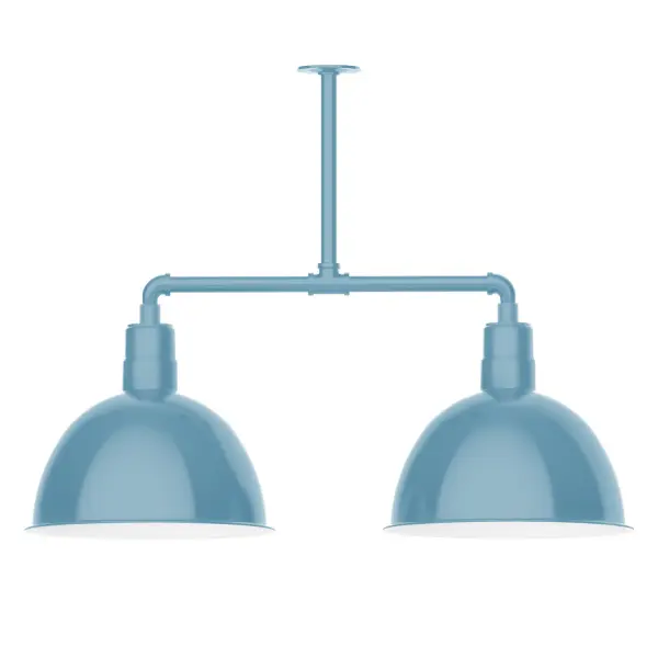 Maximize your light output with our 2-Light Multi-Light Stem Hung Pendants. Illuminate an outdoor or indoor kitchen island or dining table, this industrial look works well in both commercial and residential applications. Our Deep Bowl shade, the ultimate domed reflector, is classic in shape and offers great light output. Collection: Deep Bowl Finish: Light Blue Glass: 16 inch Deep Bowl Notes: Option (2) A19 LED and 3-Integrated 8W, 10W, 15W Width: 16.00" Height: 27.88" Length: 38.75" Weight: 28.00 lb Canopy: 4.125" diameter Number of Bulbs: 2 Maximum Wattage: 100.00 W Bulb Type: A19 Bulb Base: E26 Medium Light Source: Incandescent or LED equivalent Dimmable Voltage: 120.00 V Country of Origin: US Safety Listing: UL/cUL Safety Rating: Wet Dark Sky LED Manufacturer Warranty: 1-year limited warranty on the fixture.