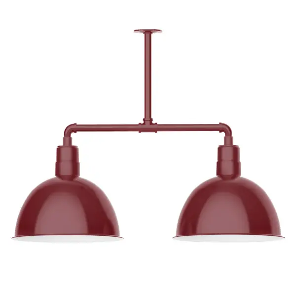 Maximize your light output with our 2-Light Multi-Light Stem Hung Pendants. Illuminate an outdoor or indoor kitchen island or dining table, this industrial look works well in both commercial and residential applications. Our Deep Bowl shade, the ultimate domed reflector, is classic in shape and offers great light output. Collection: Deep Bowl Finish: Barn Red Glass: 16 inch Deep Bowl Notes: Option (2) A19 LED and 3-Integrated 8W, 10W, 15W Width: 16.00" Height: 27.88" Length: 38.75" Weight: 28.00 lb Canopy: 4.125" diameter Number of Bulbs: 2 Maximum Wattage: 100.00 W Bulb Type: A19 Bulb Base: E26 Medium Light Source: Incandescent or LED equivalent Dimmable Voltage: 120.00 V Country of Origin: US Safety Listing: UL/cUL Safety Rating: Wet Dark Sky LED Manufacturer Warranty: 1-year limited warranty on the fixture.