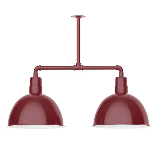 Maximize your light output with our 2-Light Multi-Light Stem Hung Pendants. Illuminate an outdoor or indoor kitchen island or dining table, this industrial look works well in both commercial and residential applications. Our Deep Bowl shade, the ultimate domed reflector, is classic in shape and offers great light output. Collection: Deep Bowl Finish: Barn Red Glass: 16 inch Deep Bowl Notes: Option (2) A19 LED and 3-Integrated 8W, 10W, 15W Width: 16.00" Height: 27.88" Length: 38.75" Weight: 28.00 lb Canopy: 4.125" diameter Number of Bulbs: 2 Maximum Wattage: 100.00 W Bulb Type: A19 Bulb Base: E26 Medium Light Source: Incandescent or LED equivalent Dimmable Voltage: 120.00 V Country of Origin: US Safety Listing: UL/cUL Safety Rating: Wet Dark Sky LED Manufacturer Warranty: 1-year limited warranty on the fixture.