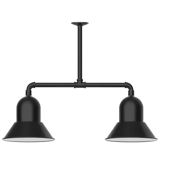 Maximize your light output with our 2-Light Multi-Light Stem Hung Pendants. Illuminate an outdoor or indoor kitchen island or dining table, this industrial look works well in both commercial and residential applications. Our Prima shade is elegant and clean-lined, inspiring illumination of your beautiful view. Collection: Prima Finish: Black Glass: 12 inch Prima Notes: Option (2) A19 LED and 2-integrated 8W, 10W Width: 12.00" Height: 41.00" Length: 12.00" Weight: 28.00 lb Extension from Wall: 35.00" Canopy: 4.125" diameter Number of Bulbs: 2 Maximum Wattage: 100.00 W Bulb Type: A19 Bulb Base: E26 Medium Light Source: Incandescent or LED equivalent Dimmable Voltage: 120.00 V Country of Origin: US Safety Listing: UL/cUL Safety Rating: Wet Dark Sky LED Manufacturer Warranty: 1-year limited warranty on the fixture.