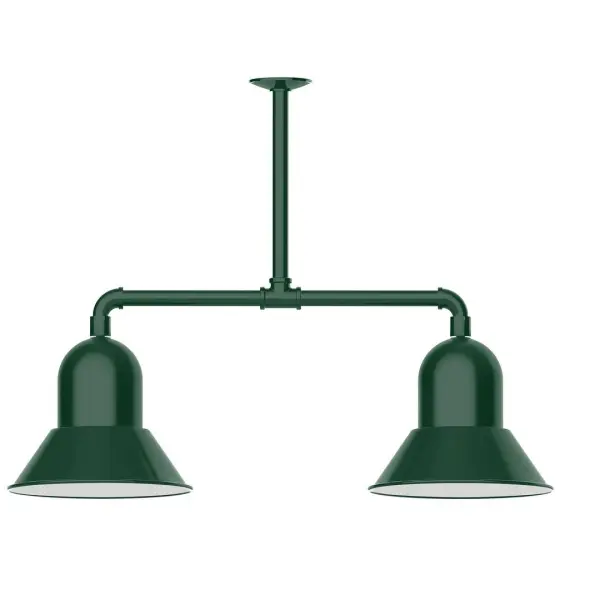 Maximize your light output with our 2-Light Multi-Light Stem Hung Pendants. Illuminate an outdoor or indoor kitchen island or dining table, this industrial look works well in both commercial and residential applications. Our Prima shade is elegant and clean-lined, inspiring illumination of your beautiful view. Collection: Prima Finish: Forest Green Glass: 12 inch Prima Width: 12.00" Height: 59.00" Length: 12.00" Weight: 28.00 lb Extension from Wall: 35.00" Canopy: 4.125" diameter Number of Bulbs: 2 Maximum Wattage: 10.00 W Light Source: LED Light Output: 800.00 lm Color Temperature: 2700 K CRI: 90 Dimmable Rated Average Life: 50,000 Voltage: 120.00 V Country of Origin: US Safety Listing: UL/cUL Safety Rating: Wet Dark Sky LED Manufacturer Warranty: 1-year limited warranty on the fixture.