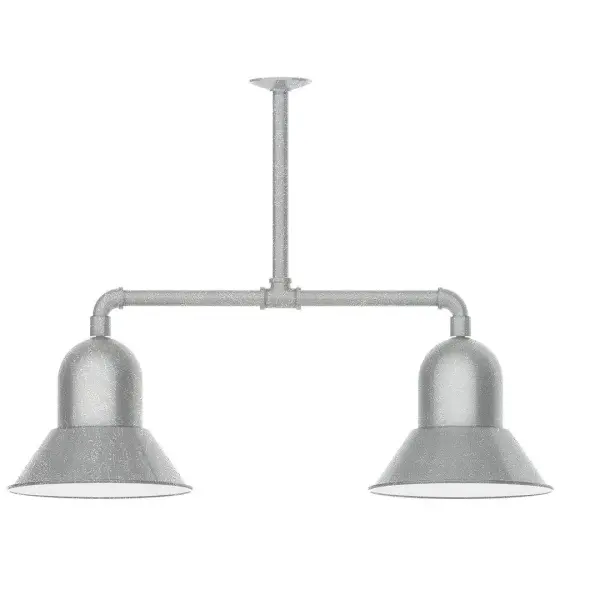 Maximize your light output with our 2-Light Multi-Light Stem Hung Pendants. Illuminate an outdoor or indoor kitchen island or dining table, this industrial look works well in both commercial and residential applications. Our Prima shade is elegant and clean-lined, inspiring illumination of your beautiful view. Collection: Prima Finish: Painted Galvanized Glass: 12 inch Prima Width: 12.00" Height: 35.00" Length: 12.00" Weight: 28.00 lb Extension from Wall: 35.00" Canopy: 4.125" diameter Number of Bulbs: 2 Maximum Wattage: 10.00 W Light Source: LED Light Output: 800.00 lm Color Temperature: 3000 K CRI: 90 Dimmable Rated Average Life: 50,000 Voltage: 120.00 V Country of Origin: US Safety Listing: UL/cUL Safety Rating: Wet Dark Sky LED Manufacturer Warranty: 1-year limited warranty on the fixture.