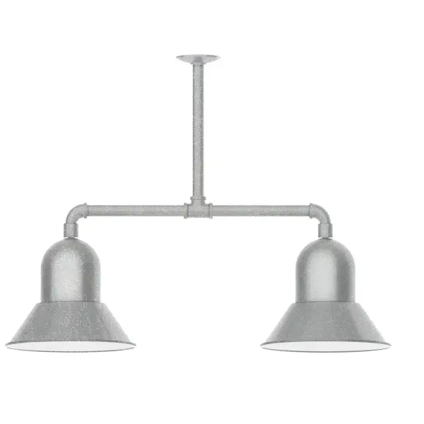 Maximize your light output with our 2-Light Multi-Light Stem Hung Pendants. Illuminate an outdoor or indoor kitchen island or dining table, this industrial look works well in both commercial and residential applications. Our Prima shade is elegant and clean-lined, inspiring illumination of your beautiful view. Collection: Prima Finish: Painted Galvanized Glass: 12 inch Prima Notes: Option (2) A19 LED and 2-integrated 8W, 10W Width: 12.00" Height: 41.00" Length: 12.00" Weight: 28.00 lb Extension from Wall: 35.00" Canopy: 4.125" diameter Number of Bulbs: 2 Maximum Wattage: 100.00 W Bulb Type: A19 Bulb Base: E26 Medium Light Source: Incandescent or LED equivalent Dimmable Voltage: 120.00 V Country of Origin: US Safety Listing: UL/cUL Safety Rating: Wet Dark Sky LED Manufacturer Warranty: 1-year limited warranty on the fixture.
