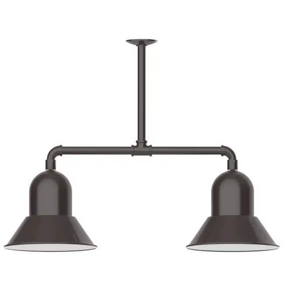 Maximize your light output with our 2-Light Multi-Light Stem Hung Pendants. Illuminate an outdoor or indoor kitchen island or dining table, this industrial look works well in both commercial and residential applications. Our Prima shade is elegant and clean-lined, inspiring illumination of your beautiful view. Collection: Prima Finish: Architectural Bronze Glass: 12 inch Prima Notes: Option (2) A19 LED and 2-integrated 8W, 10W Width: 12.00" Height: 41.00" Length: 12.00" Weight: 28.00 lb Extension from Wall: 35.00" Canopy: 4.125" diameter Number of Bulbs: 2 Maximum Wattage: 100.00 W Bulb Type: A19 Bulb Base: E26 Medium Light Source: Incandescent or LED equivalent Dimmable Voltage: 120.00 V Country of Origin: US Safety Listing: UL/cUL Safety Rating: Wet Dark Sky LED Manufacturer Warranty: 1-year limited warranty on the fixture.