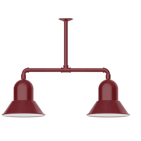 Maximize your light output with our 2-Light Multi-Light Stem Hung Pendants. Illuminate an outdoor or indoor kitchen island or dining table, this industrial look works well in both commercial and residential applications. Our Prima shade is elegant and clean-lined, inspiring illumination of your beautiful view. Collection: Prima Finish: Barn Red Glass: 12 inch Prima Width: 12.00" Height: 47.00" Length: 12.00" Weight: 28.00 lb Extension from Wall: 35.00" Canopy: 4.125" diameter Number of Bulbs: 2 Maximum Wattage: 10.00 W Light Source: LED Light Output: 800.00 lm Color Temperature: 2700 K CRI: 90 Dimmable Rated Average Life: 50,000 Voltage: 120.00 V Country of Origin: US Safety Listing: UL/cUL Safety Rating: Wet Dark Sky LED Manufacturer Warranty: 1-year limited warranty on the fixture.